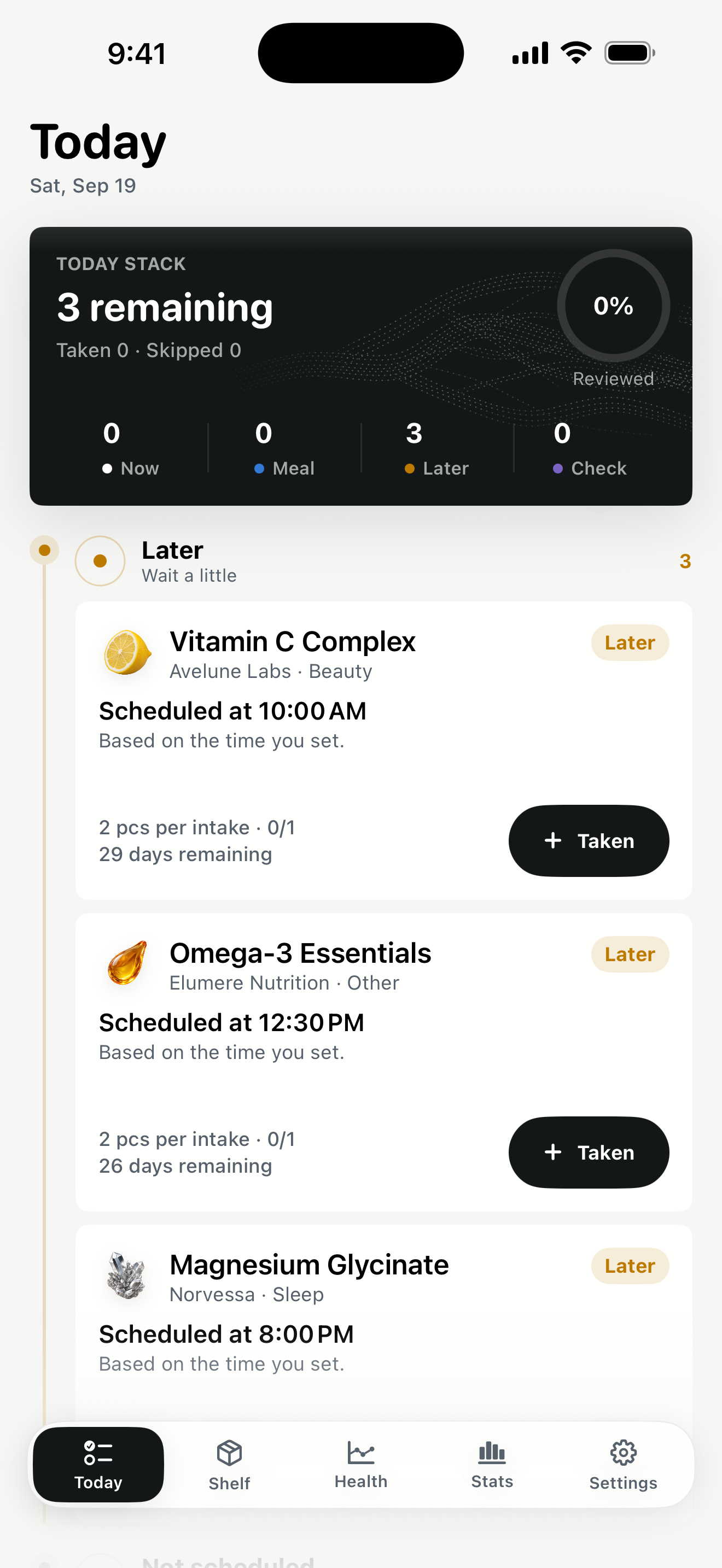 Today with scheduled amounts and intake buttons